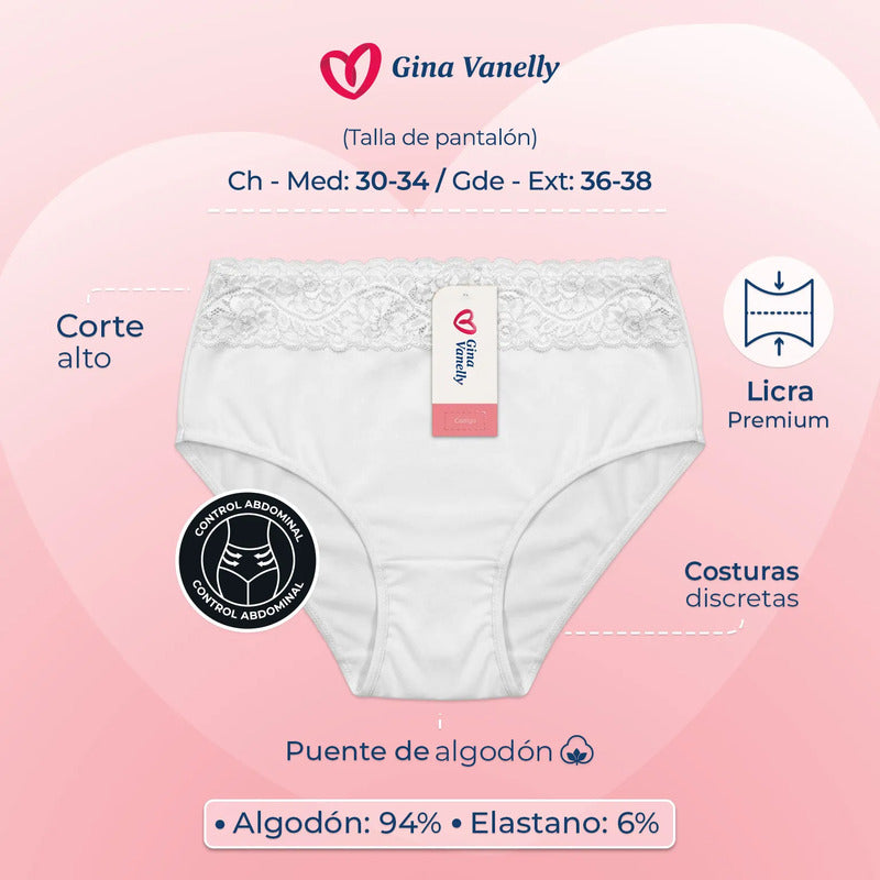 6 Pack Pantaleta Gina Vanelly Montreal Control Abdomen Licra Blanco Ch-med